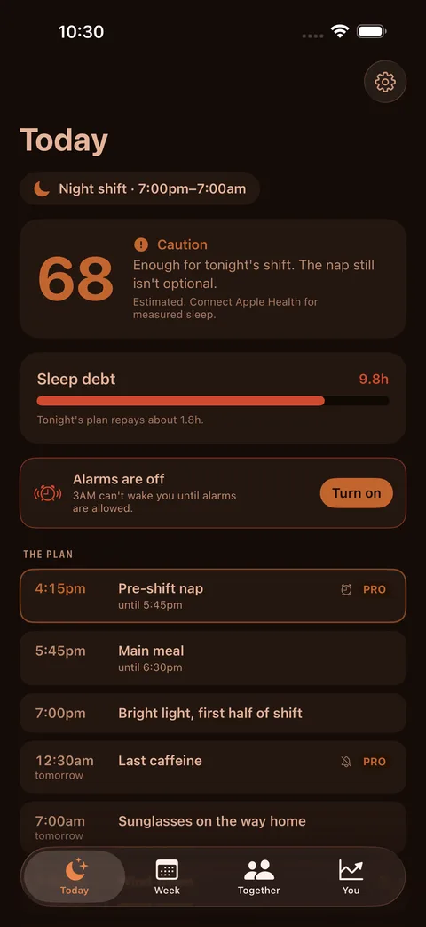 3AM's Today screen at 3am in the red-shifted night interface: Recovery Score, sleep debt, and tonight's plan